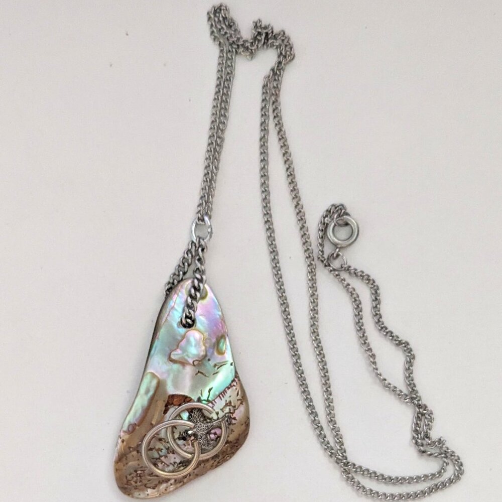 Vintage Artisan Abalone Shell Triangular Pendant … - image 1